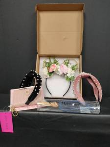 lot 517 image: NIP LED Light-Up Floral Mouse Ears Headband with Pink and White Flowers, New Black and Pink Headbands with Pearls, New Pink Billfold and NIP Head Massager