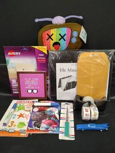 lot 518 image: Office Supply Bundle - File Mate Folder, Avery Labels, Tape Dispenser, Childrens Imagine Book with Marker and More