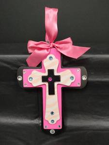 lot 523 image: Decorative Wall Cross - Pink and Black with Rhinestones and Satin Bow