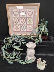 lot 524 image: Decorative Collection - Love Hearts Framed Art Print, New Battery Operated Lighted 6 Foot Vine, Porcelain Hummingbird Music Box and Candlestick