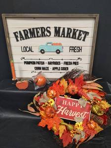 lot 534 image: Fall Harvest Decor Set - Farmers Market Sign,, Autumn Wreath and More