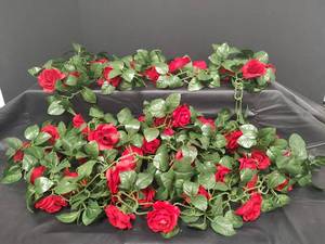 lot 570 image: New - Four, 6 Ft. Artificial Red Rose Garland with Green Leaves