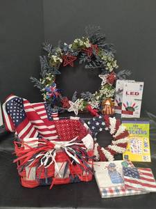 lot 575 image: Patriotic Holiday Decor Collection - Wreaths, LED Lights, and More