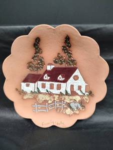 lot 594 image: Handcrafted Terracotta Canadian Cottage with Glazed Trees Wall Plaque From Tremblay Quebec by Trumbley Wieber
