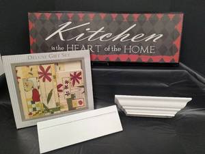 lot 600 image: Kitchen Decor Set - Wall Sign, Recipe Gift Set Contains Recipe Journal-Memo Pad- Coupon Keeper, and 2 - 12 inch White Wall Shelves