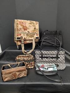 lot 604 image: Floral Pattern Rolling Shopping Cart with Wheels, Handbags and More
