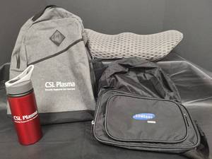 lot 616 image: New CSL Plasma Promotional Items Set - Backpack, Red Metallic Water Bottle and Samsung Camera Bag