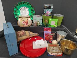 lot 617 image: Mixed Lot - New Red Glass Chargers, Blue Metal Storage Box, Decorative Mexico Plate, 46 inch Table Runner, Holiday Decor and More