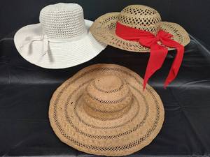 lot 620 image: Woven Sun Hat Collection - White and Natural Straw with Red Bow