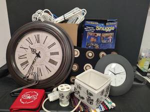 lot 626 image: Mixed Lot - 20 inch Large Roman Numeral Wall Clock, Belkin 6 Outlet Surge Protector, Snuggie, Felt Dot Pillow and More