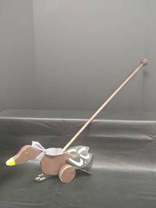 lot 632 image: Wooden Flapper Duck Push Toy with Gingham Bow