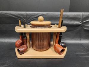 lot 82 image: Wooden Pipe Stand with Humidor and Tobacco Pipes