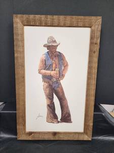 lot 89 image: Western Cowboy Coors Beer Art Print in Rustic Wood Frame