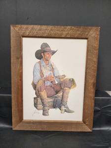 lot 90 image: Western Cowboy Coors Beer Art Print in Rustic Wood Frame- see pics for damage