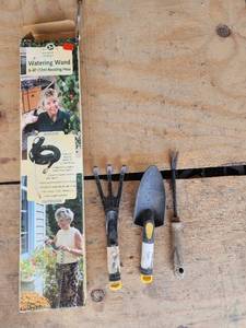 lot 704 image: Rumford Gardener Watering Wand with 40 Recoiling Hose and Garden Tools