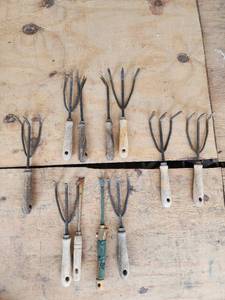 lot 705 image: Collection of Antique Hand Cultivator Tools with Wooden Handles