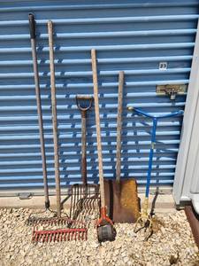 lot 713 image: Garden Tool Collection - Rakes, Pitchfork, Shovel and Cultivator
