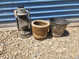 lot 723 image: Antique Oil Lantern with Stone Planter and Metal Bucket Collection