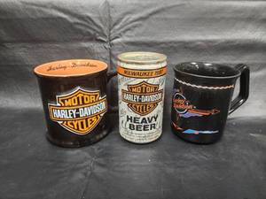 lot 51 image: Harley-Davidson Collectible Mugs and 1987 Milwaukee Beer Can Set