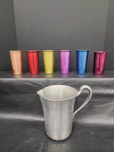 lot 63 image: Sunburst Colorama Aluminum Tumblers Set with Hammered Pitcher