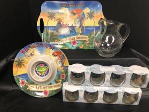 lot 641 image: Its 4 OClock Somewhere Serving Tray and Chip Dip Tray With Glass Pitcher and Plastic Cups