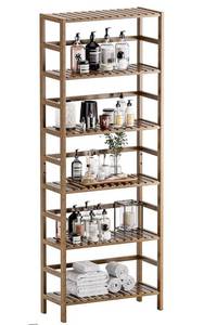 lot 32637 image: HITNET Bookcase, Bamboo Bookshelf, 6-Tier Adjustable Tall Open Book Shelf, Free Standing Storage Shelves Organizer, Flower Plant Display Stand, Walnut