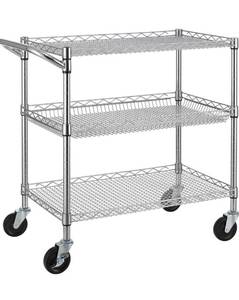 lot 32647 image: Finnhomy 3 Tier Heavy Duty Commercial Grade Utility Cart, Wire Rolling Cart with Handle Bar, Steel Service Cart with Wheels, Utility Shelf Plant Display Shelf Food Storage Trolley, NSF Listed