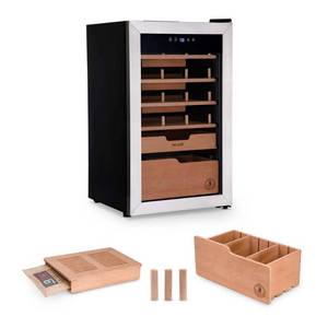 lot 32660 image: Newair x Boveda 500 Cigar Count Electric Humidor Spanish Cedar Shelves with Temperature Control Built-In Boveda Humidity Control in Stainless Steel-Powers on when plugged in, 2 slight flaws, see photos