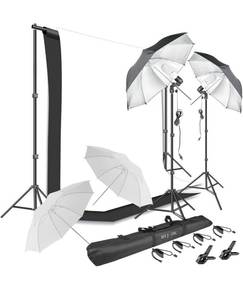 lot 32664 image: Photography Backdrop Kit (White Black Muslin), Backdrop Clips Clamp, 10ft Photo Background Photography Stand System for Photo Video Studio Shooting, Umbrella Continuous Lighting Kit