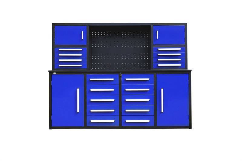 lot 1220 image: Unused 2024 Steelman 7FT-18D Blue Work Bench with 18 Drawers. 86x23x39 inch