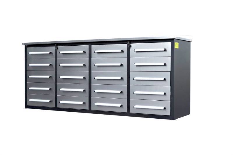 lot 1221 image: Unused 2024 Steelman 7FT-20D Stainless Steel Work Bench with 20 Drawers