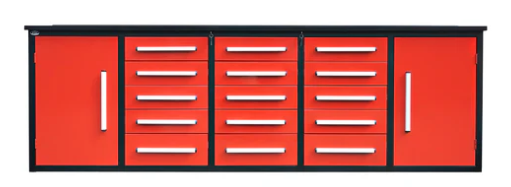 lot 1229 image: Unused 2024 Steelman 10FT-15D-2 Red Work Bench with 15 Drawers & 2 Cabinets.  112x26x39 inch.