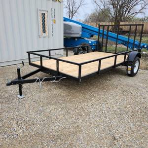 lot 456 image: NEW Single Axle Utility Trailer with Wood Deck and Rail Sides 76In X 12Ft