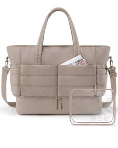 lot 5682 image: BAGSMART Large Travel Duffel Bag with Shoe Compartment, Puffer Carry-On Gym Weekender Bag for Women, Camel