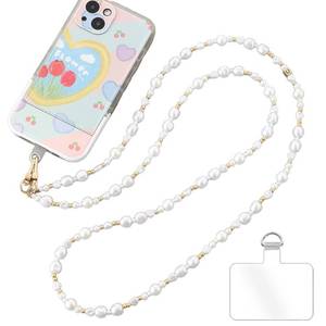 lot 6017 image: Turkalla Phone Chain Crossbody Pearl Strap,Pearl Beaded Chain Shoulder Crossbody Lanyard with Phone Tether Patches Compatible with Most Phones Bag Purse(H)