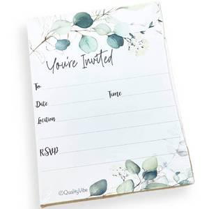 lot 6052 image: 25 Greenery Eucalyptus Invitations with envelopes, youre invited For wedding, engagements, anniversay, retirement and housewarming parties. Thick & non coated cardstock for use with any pen.