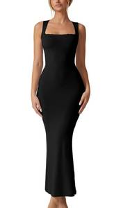 lot 6060 image: QINSEN Womens Square Neck with Lace Detail Long Maxi Dress Sleeveless Lounge Ribbed Full Length Dresses Black L