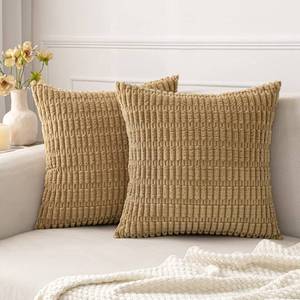 lot 6414 image: MIULEE Pack of 2 Corduroy Decorative Throw Pillow Covers 18x18 Inch Soft Boho Striped Pillow Covers Modern Farmhouse Home Decor for Sofa Living Room Couch Bed Khaki