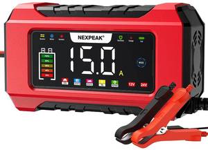 lot 6434 image: NEXPEAK NC215 15-Amp Battery Charger, 12V 24V LiFePO4 Lead Acid Portable Car Battery Charger 9-Stage Trickle Charger Smart Battery Maintainer wTemp Compensation for Car Truck Lawn Mower Boat Marine
