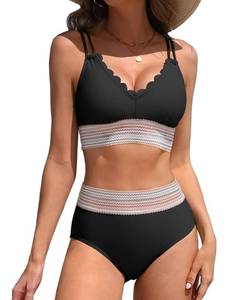 lot 6437 image: Charmo Women High Waisted Bikini Sets Tummy Control Swimsuits Scalloped Color Block Two Piece Bathing Suit Black L