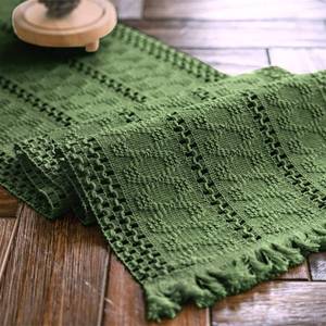 lot 6449 image: Alynsehom Macrame Boho Table Runner with Tassels - Hand Woven Cotton, Green, Rustic Farmhouse Style for Bohemian Kitchen Dining Table (12x36in)