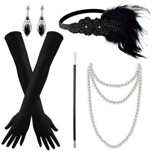 lot 6463 image: Tongcloud 1920s Women Accessories Headband Necklace Gloves Flapper Costume Set 1920s Accessories for Women (Black)