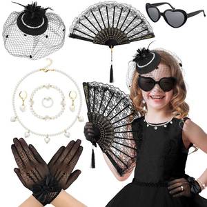 lot 6466 image: Jenaai 8 Pcs Girls Tea Party Supplies Tea Party Gloves Hats Necklace Fan for Girls Halloween Tea Party Costume(Black,Stylish)