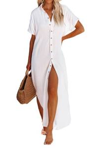 lot 6470 image: Dokotoo Swimsuit Coverup for Women 2025 Summer Dresses Beach Vacation Outfits Clothes Button Down Kimonos Long Cardigan Short Sleeve Casual Solid Loose Bathing Suit Swim Cover Up for Swimwear White XS