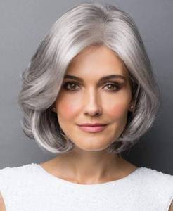 lot 6496 image: SEVENCOLORS Short Grey Wigs for Women Lace Front Silver Gray Short Wavy Bob Wigs Natural Hair Synthetic Wigs for Older White Women