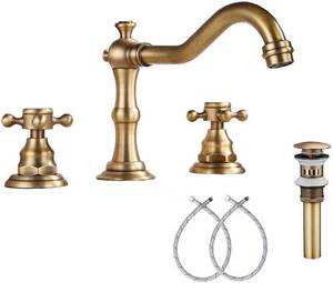 lot 7816 image: GGStudy 8 inch 2 Handles 3 Holes Widespread Bathroom Sink Faucet Antique Brass Bathroom Vanity Faucet Basin Mixer Tap Faucet Matching Metal Pop Up Drain with Overflow
