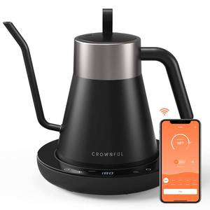 lot 7819 image: CROWNFUL Smart Electric Gooseneck Kettle with 4 Variable Presets, �1�� Temperature Control, 0.8L Capacity, 1200W Quick Heating, 100% Stainless Steel, Pour Over Coffee Kettle, Alexa Control
