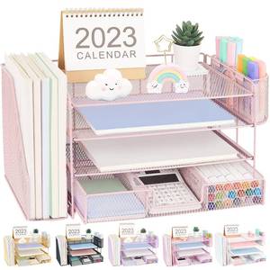 lot 7828 image: OPNICE Desk Organizers and Accessories, Desk Accessories & Workspace Organizers for Office Supplies, File Organizer Desk Drawer Organizer with 2 Pen Holders, 4 Tier Paper Organizer for Desk(Rose Pink)