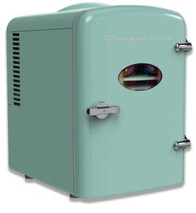 lot 7831 image: Frigidaire EFMIS129-MINT Mini Personal Fridge Cooler, 1 Gal Capacity fits Six Cans, Includes Plugs for Home Outlet & DC Charger-9.84 D x 7.09 W x 10.35 H