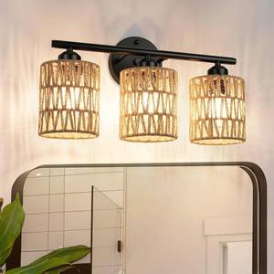 lot 7840 image: Frideko 3-Light Bathroom Vanity Light Fixtures, Modern Rattan Bathroom Lighting Fixtures Over Mirror, Boho Wall Sconces with Woven Lampshade, Black Wall Lamp for Farmhouse Living Room Bedroom